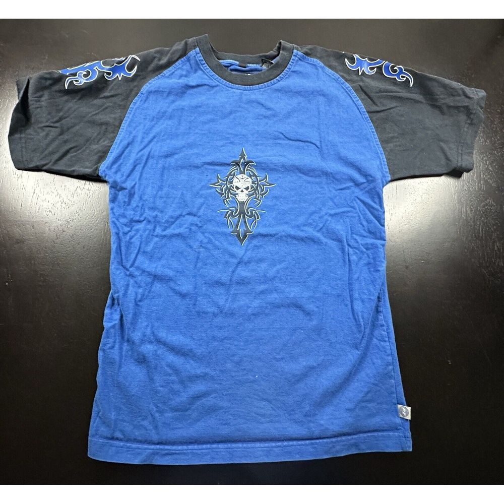 Rare Vtg Point-Zero Apparel Colorblock Blue/Black Skull T-shirt Size M